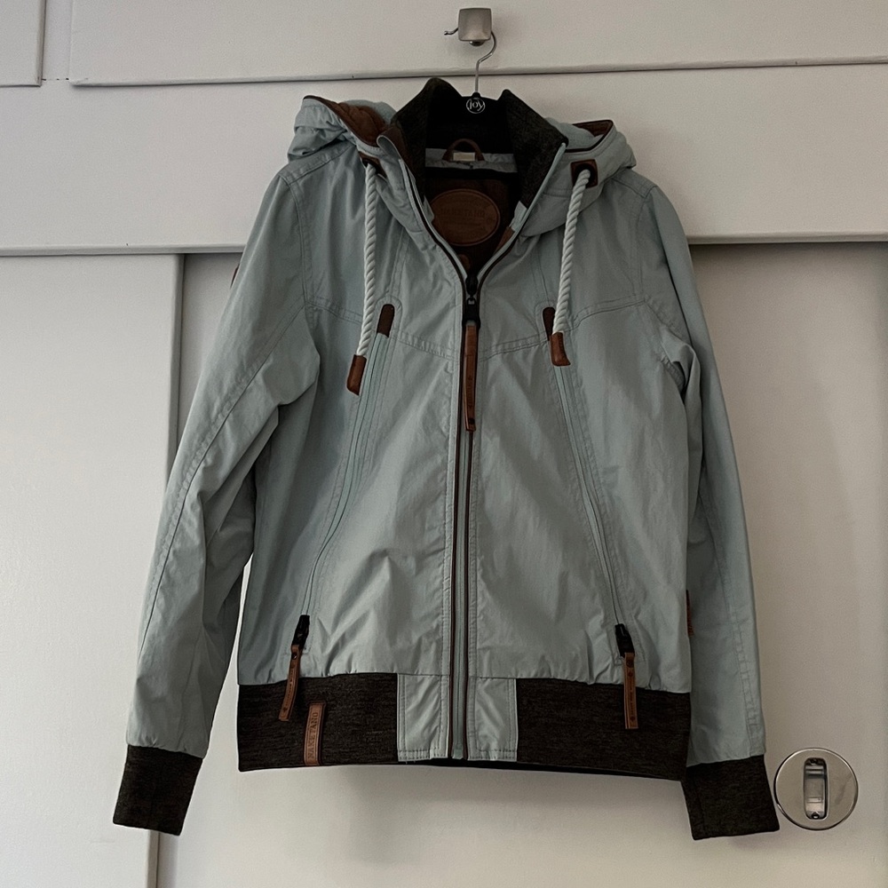 Light blue Hooded Jacket with Brown Trim